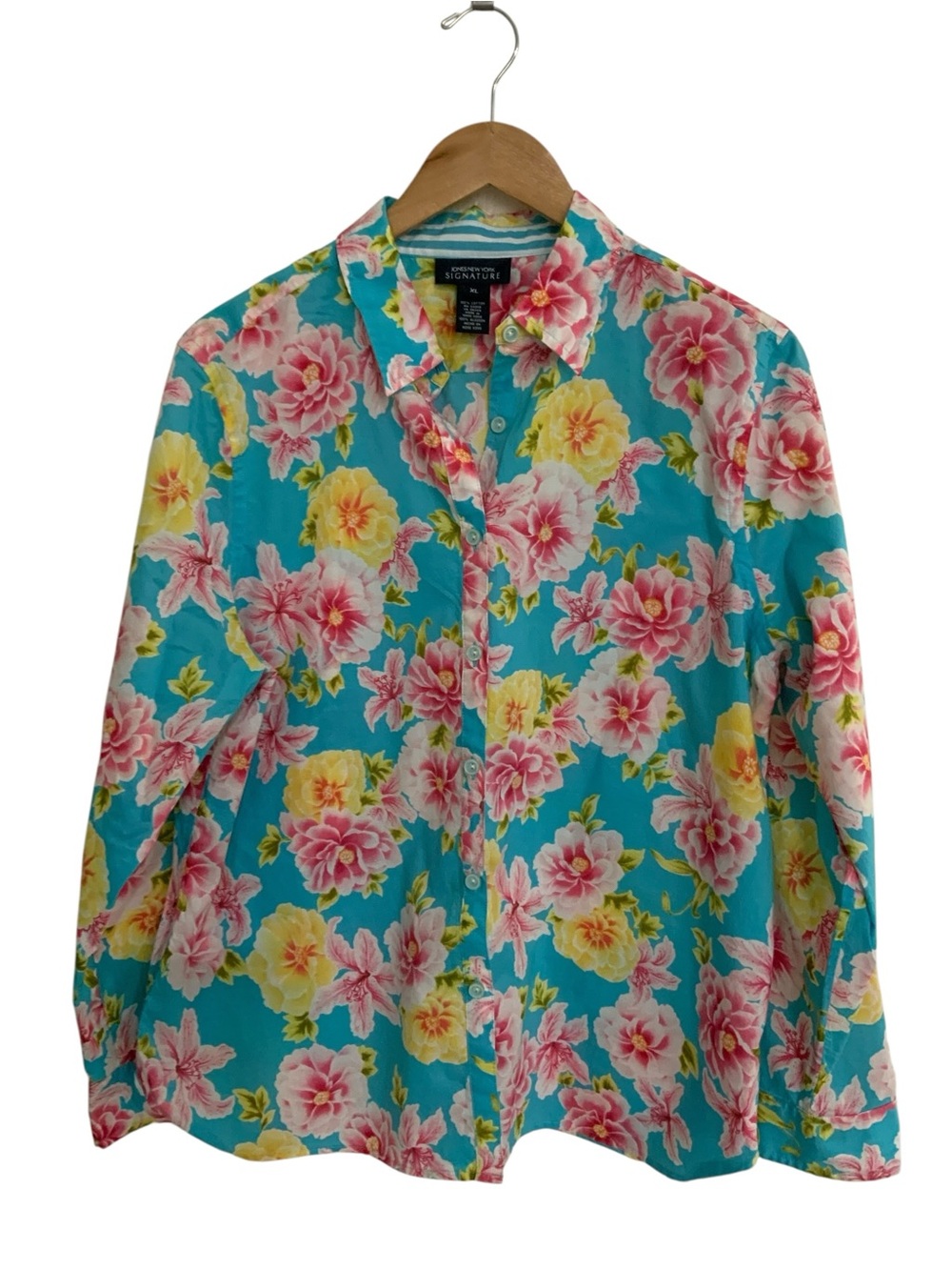 Jones New York Teal Floral Button-Down Shirt XL